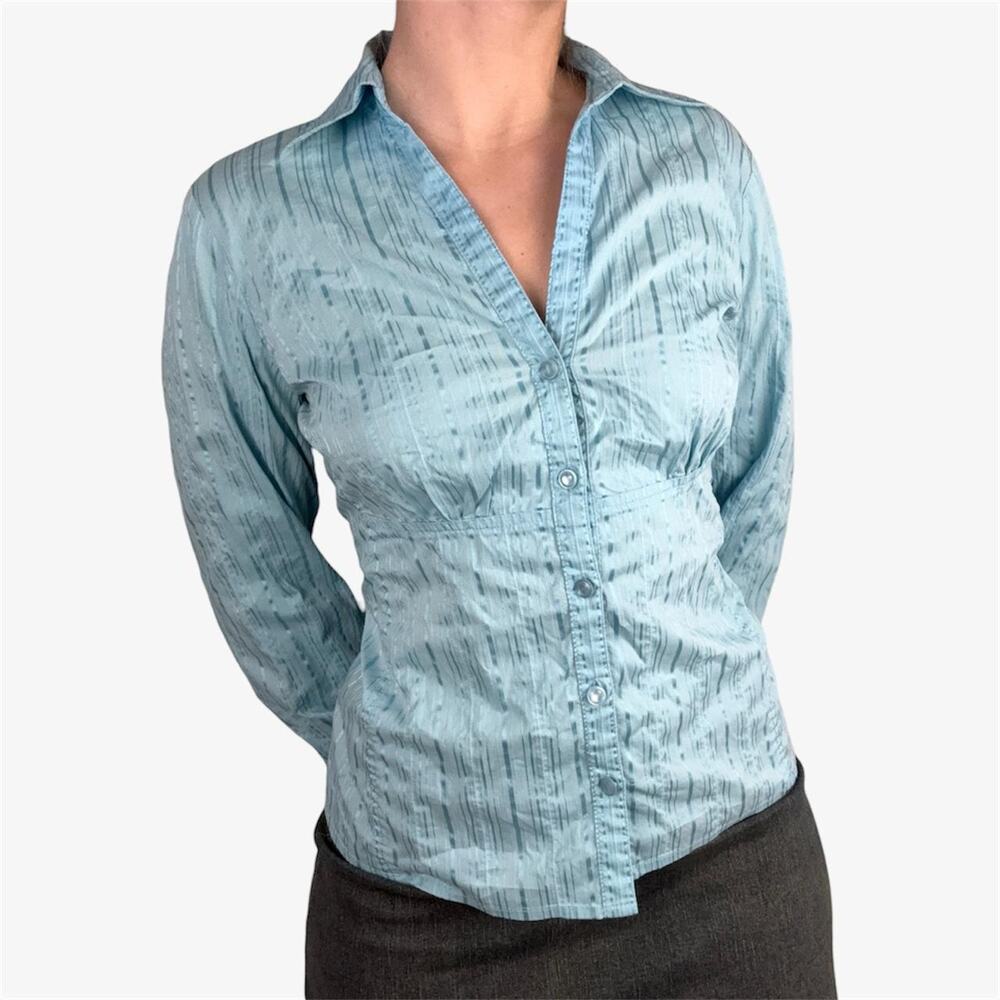 Rafaella light blue pinstripe long sleeve button down top blouse - size 8 / M